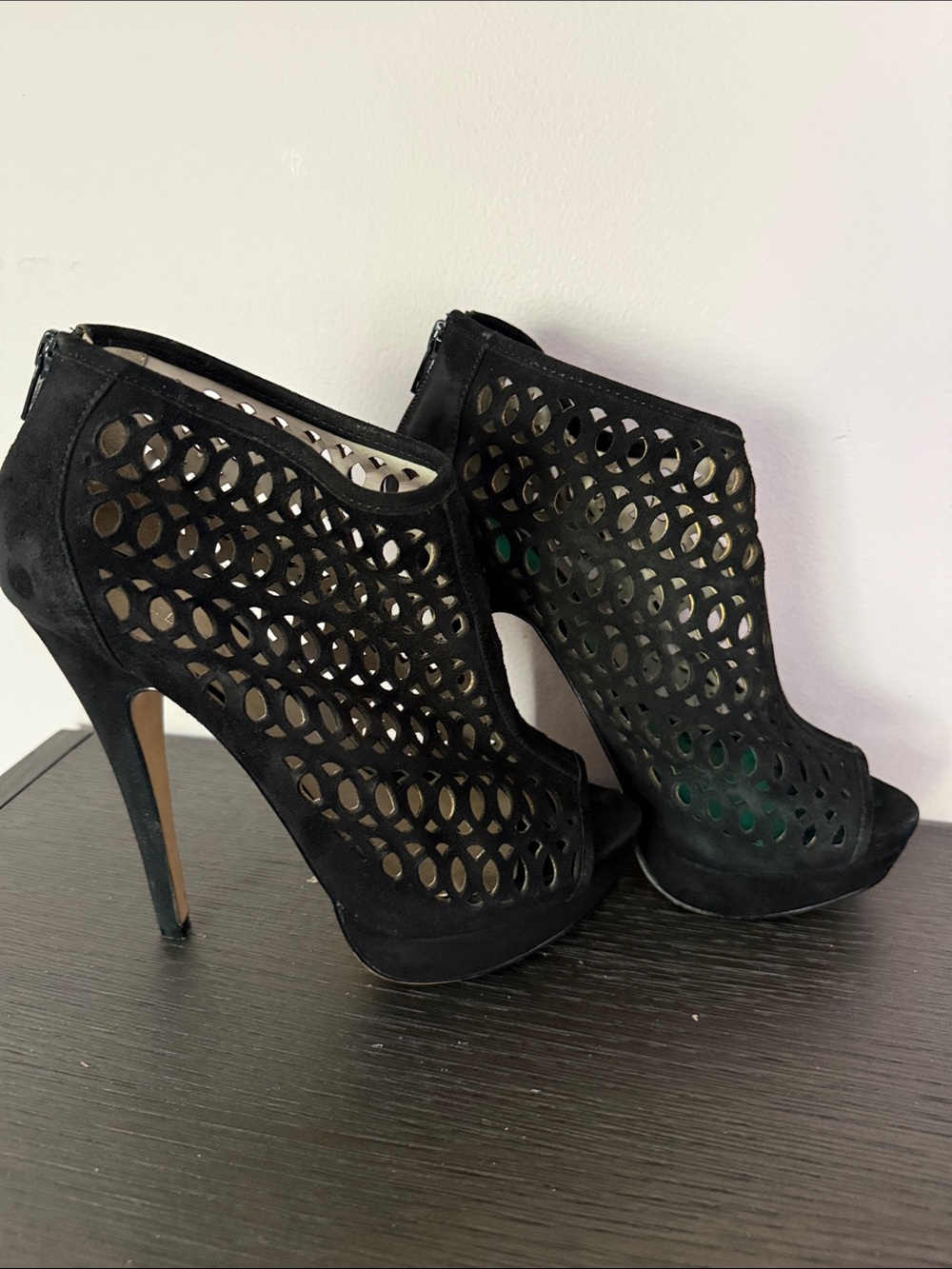 Aldo Black Laser-Cut Peep-Toe Stiletto Booties